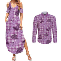 Purple Palaka Hawaii Cowboy Couples Matching Summer Maxi Dress and Long Sleeve Button Shirt Puakenikeni Lei Paniolo Papale Seamless Vibes LT14 Purple - Polynesian Pride