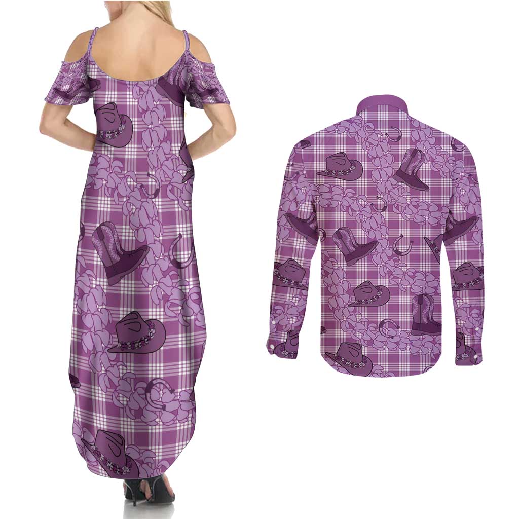 Purple Palaka Hawaii Cowboy Couples Matching Summer Maxi Dress and Long Sleeve Button Shirt Puakenikeni Lei Paniolo Papale Seamless Vibes LT14 - Polynesian Pride