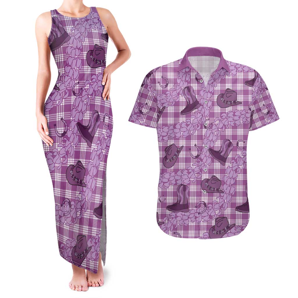 Purple Palaka Hawaii Cowboy Couples Matching Tank Maxi Dress and Hawaiian Shirt Puakenikeni Lei Paniolo Papale Seamless Vibes LT14 Purple - Polynesian Pride