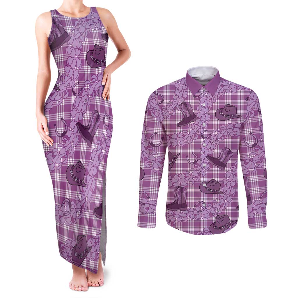 Purple Palaka Hawaii Cowboy Couples Matching Tank Maxi Dress and Long Sleeve Button Shirt Puakenikeni Lei Paniolo Papale Seamless Vibes LT14 Purple - Polynesian Pride