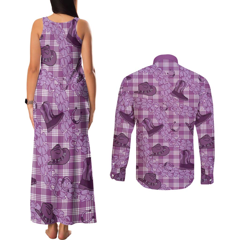 Purple Palaka Hawaii Cowboy Couples Matching Tank Maxi Dress and Long Sleeve Button Shirt Puakenikeni Lei Paniolo Papale Seamless Vibes LT14 - Polynesian Pride