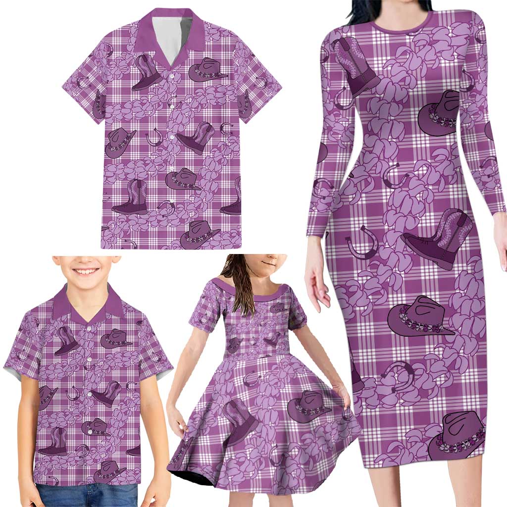 Purple Palaka Hawaii Cowboy Family Matching Long Sleeve Bodycon Dress and Hawaiian Shirt Puakenikeni Lei Paniolo Papale Seamless Vibes LT14 - Polynesian Pride