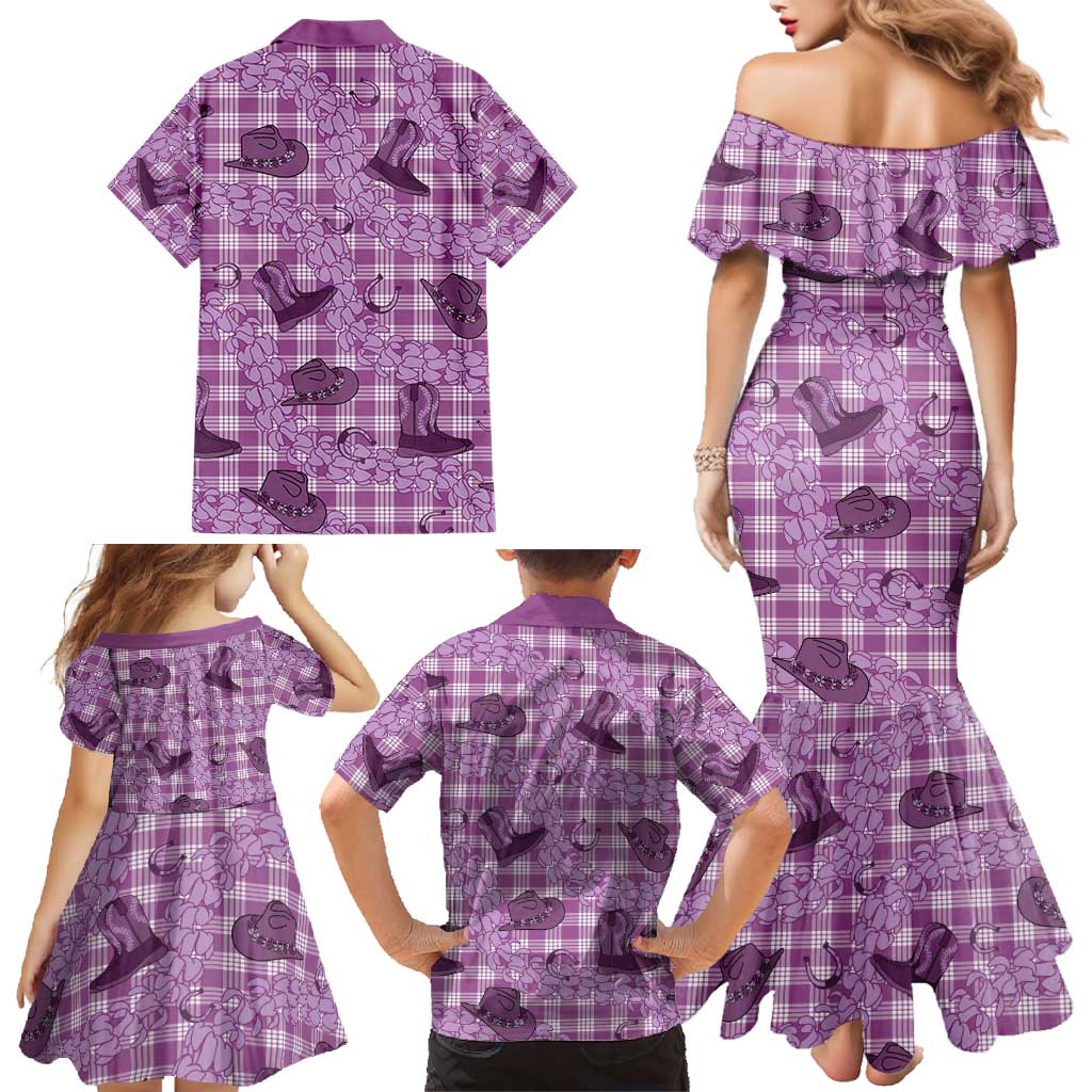Purple Palaka Hawaii Cowboy Family Matching Mermaid Dress and Hawaiian Shirt Puakenikeni Lei Paniolo Papale Seamless Vibes LT14 - Polynesian Pride