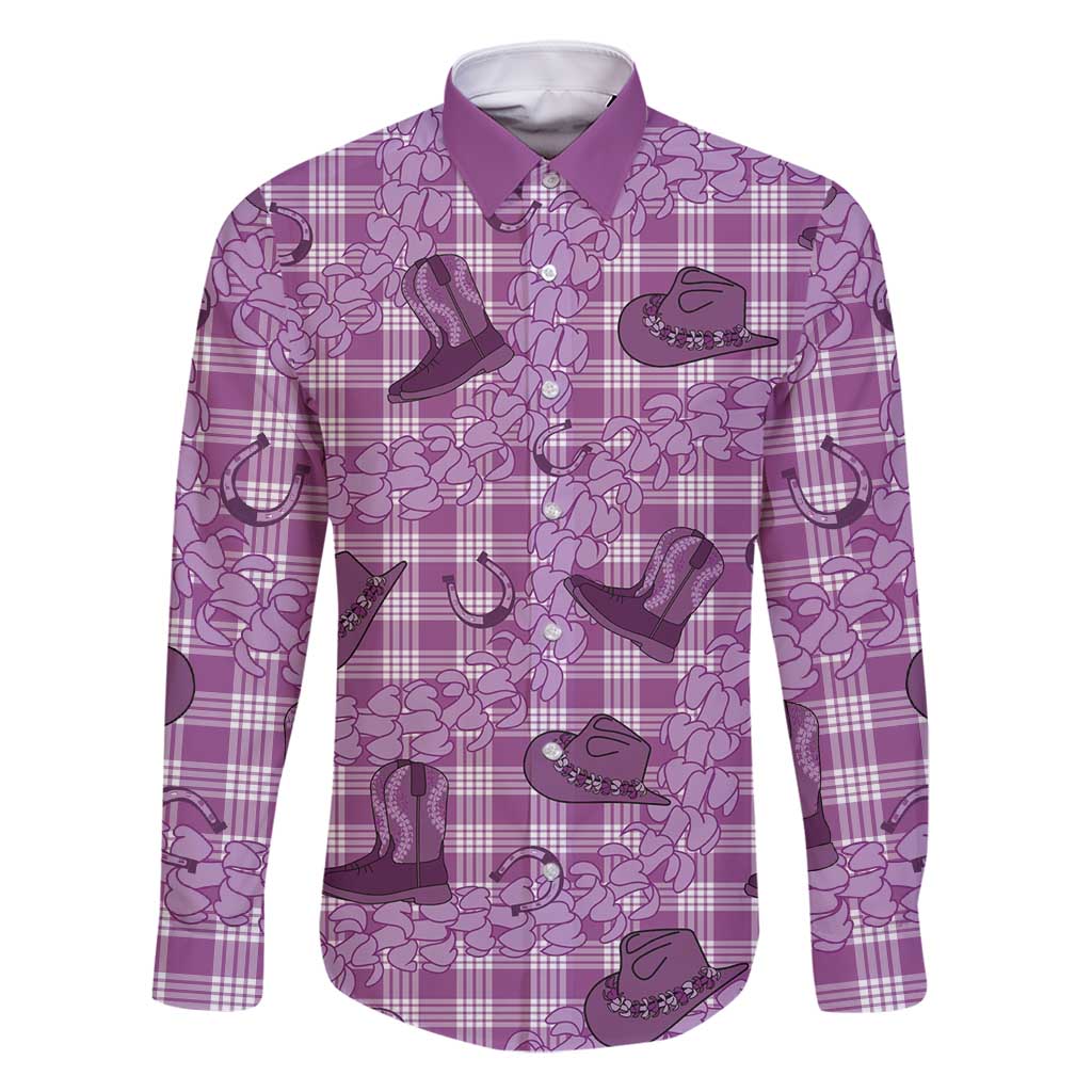Purple Palaka Hawaii Cowboy Family Matching Off Shoulder Maxi Dress and Hawaiian Shirt Puakenikeni Lei Paniolo Papale Seamless Vibes LT14 Dad's Shirt - Long Sleeve Purple - Polynesian Pride