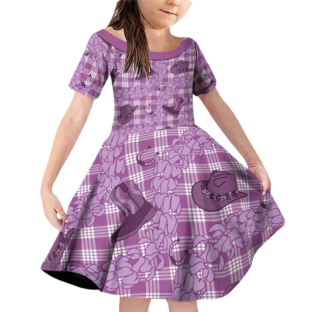 Purple Palaka Hawaii Cowboy Family Matching Off Shoulder Short Dress and Hawaiian Shirt Puakenikeni Lei Paniolo Papale Seamless Vibes LT14 Daughter's Dress Purple - Polynesian Pride