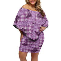 Purple Palaka Hawaii Cowboy Family Matching Off Shoulder Short Dress and Hawaiian Shirt Puakenikeni Lei Paniolo Papale Seamless Vibes LT14 Mom's Dress Purple - Polynesian Pride