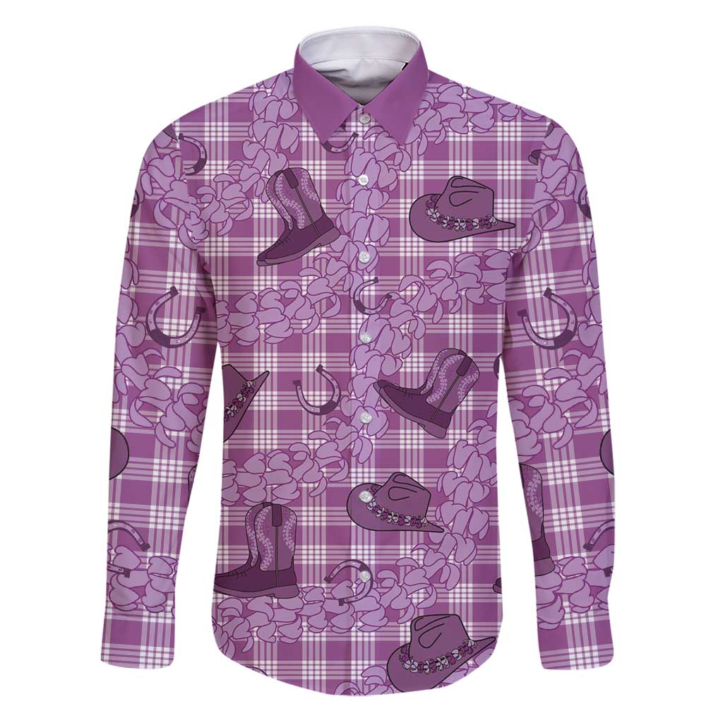 Purple Palaka Hawaii Cowboy Family Matching Puletasi and Hawaiian Shirt Puakenikeni Lei Paniolo Papale Seamless Vibes LT14 Dad's Shirt - Long Sleeve Purple - Polynesian Pride