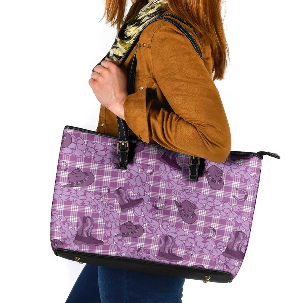 Purple Palaka Hawaii Cowboy Leather Tote Bag Puakenikeni Lei Paniolo Papale Seamless Vibes LT14 Purple - Polynesian Pride