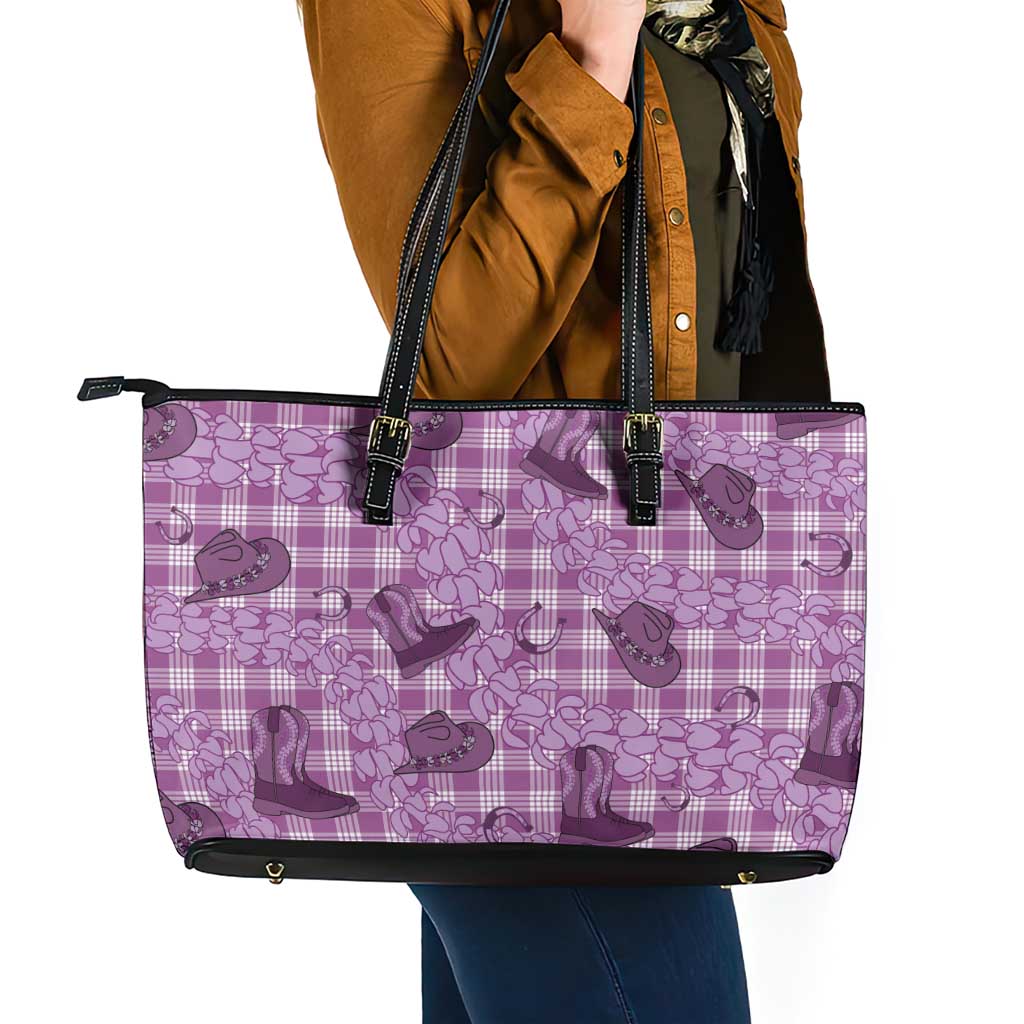 Purple Palaka Hawaii Cowboy Leather Tote Bag Puakenikeni Lei Paniolo Papale Seamless Vibes LT14 - Polynesian Pride