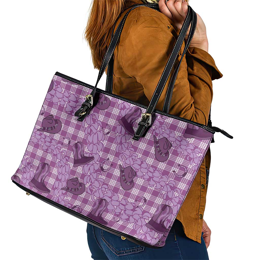 Purple Palaka Hawaii Cowboy Leather Tote Bag Puakenikeni Lei Paniolo Papale Seamless Vibes LT14 - Polynesian Pride