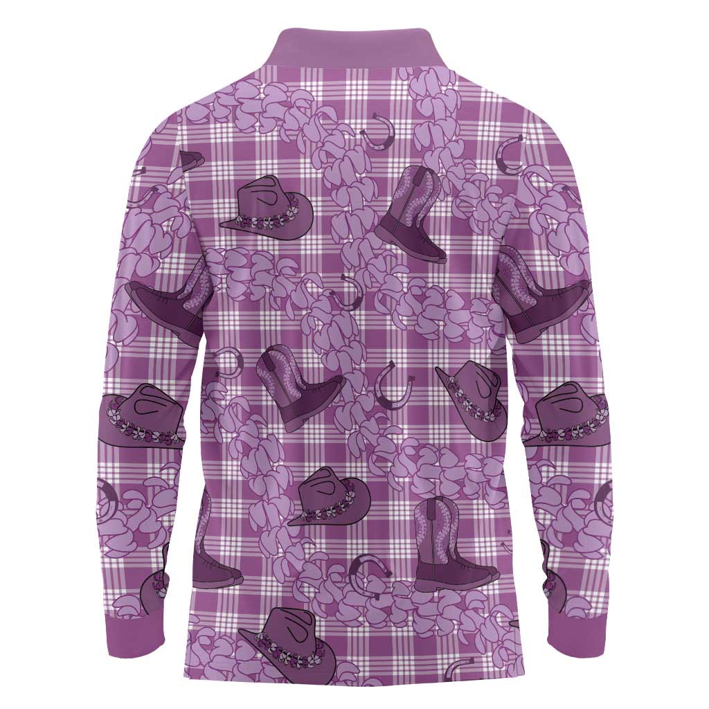 Purple Palaka Hawaii Cowboy Long Sleeve Polo Shirt Puakenikeni Lei Paniolo Papale Seamless Vibes LT14 - Polynesian Pride