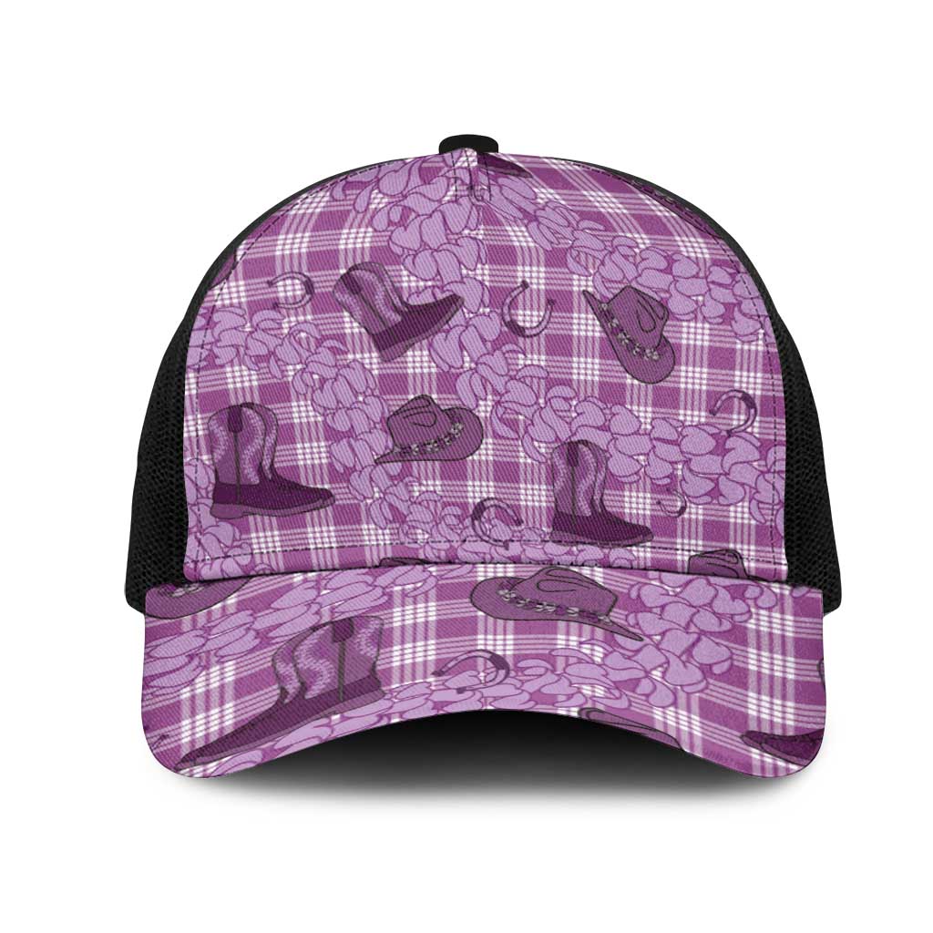 Purple Palaka Hawaii Cowboy Mesh Trucker Cap Puakenikeni Lei Paniolo Papale Seamless Vibes LT14 One Size Black Purple - Polynesian Pride