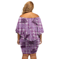 Purple Palaka Hawaii Cowboy Off Shoulder Short Dress Puakenikeni Lei Paniolo Papale Seamless Vibes LT14 - Polynesian Pride