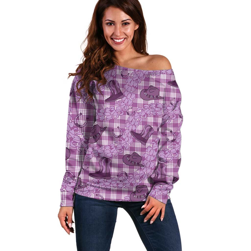 Purple Palaka Hawaii Cowboy Off Shoulder Sweater Puakenikeni Lei Paniolo Papale Seamless Vibes LT14 Women Purple - Polynesian Pride