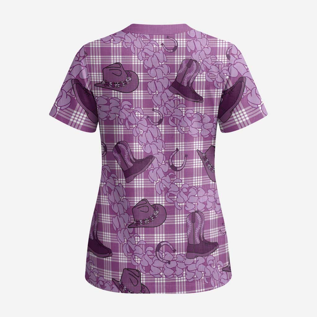 Purple Palaka Hawaii Cowboy Scrub Top Puakenikeni Lei Paniolo Papale Seamless Vibes LT14 - Polynesian Pride