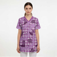 Purple Palaka Hawaii Cowboy Scrub Top Puakenikeni Lei Paniolo Papale Seamless Vibes LT14 - Polynesian Pride
