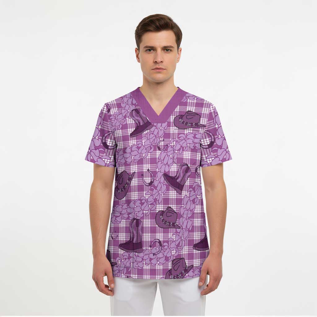 Purple Palaka Hawaii Cowboy Scrub Top Puakenikeni Lei Paniolo Papale Seamless Vibes LT14 - Polynesian Pride