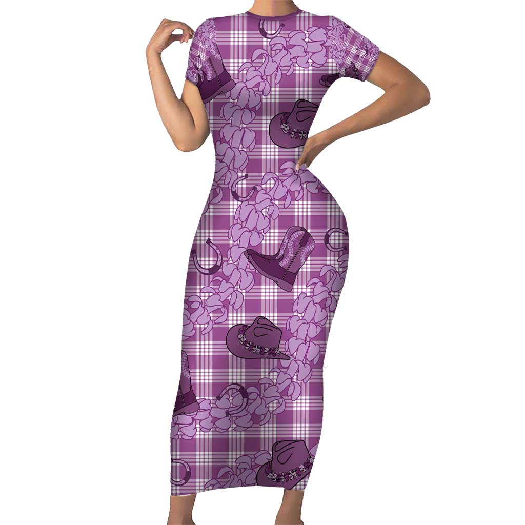 Purple Palaka Hawaii Cowboy Short Sleeve Bodycon Dress Puakenikeni Lei Paniolo Papale Seamless Vibes LT14 Long Dress Purple - Polynesian Pride