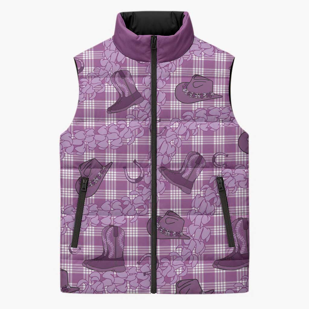 Purple Palaka Hawaii Cowboy Sleeveless Puffer Jacket Puakenikeni Lei Paniolo Papale Seamless Vibes LT14 Unisex Purple - Polynesian Pride
