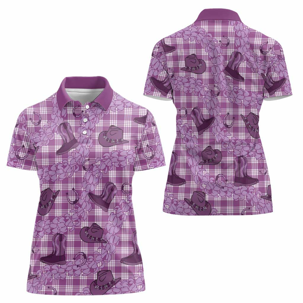 Purple Palaka Hawaii Cowboy Women Polo Shirt Puakenikeni Lei Paniolo Papale Seamless Vibes - Polynesian Pride