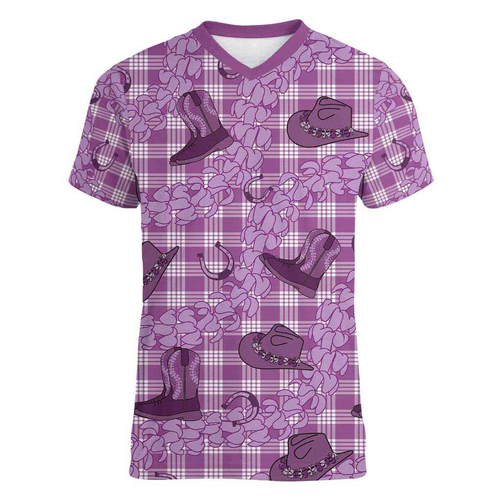 Purple Palaka Hawaii Cowboy Women V-Neck T-Shirt Puakenikeni Lei Paniolo Papale Seamless Vibes LT14 Female Purple - Polynesian Pride
