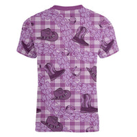 Purple Palaka Hawaii Cowboy Women V-Neck T-Shirt Puakenikeni Lei Paniolo Papale Seamless Vibes LT14 - Polynesian Pride