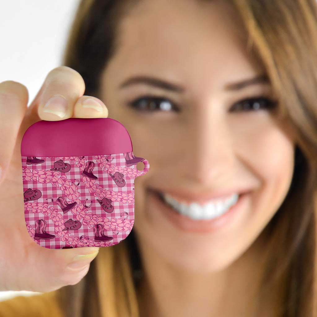 Pink Palaka Hawaii Cowboy AirPods Case Puakenikeni Lei Paniolo Papale Seamless Vibes - Polynesian Pride