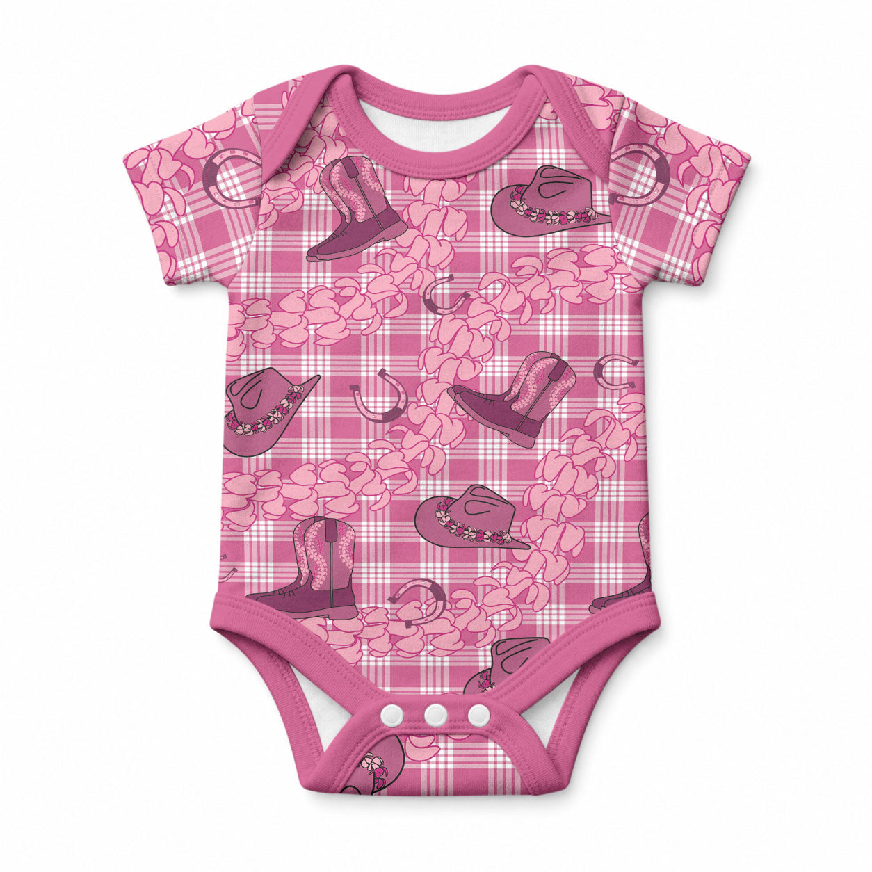 Pink Palaka Hawaii Cowboy Baby Onesie Puakenikeni Lei Paniolo Papale Seamless Vibes