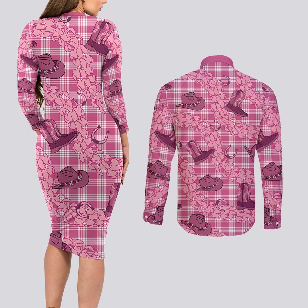 Pink Palaka Hawaii Cowboy Couples Matching Long Sleeve Bodycon Dress and Long Sleeve Button Shirt Puakenikeni Lei Paniolo Papale Seamless Vibes LT14 - Polynesian Pride