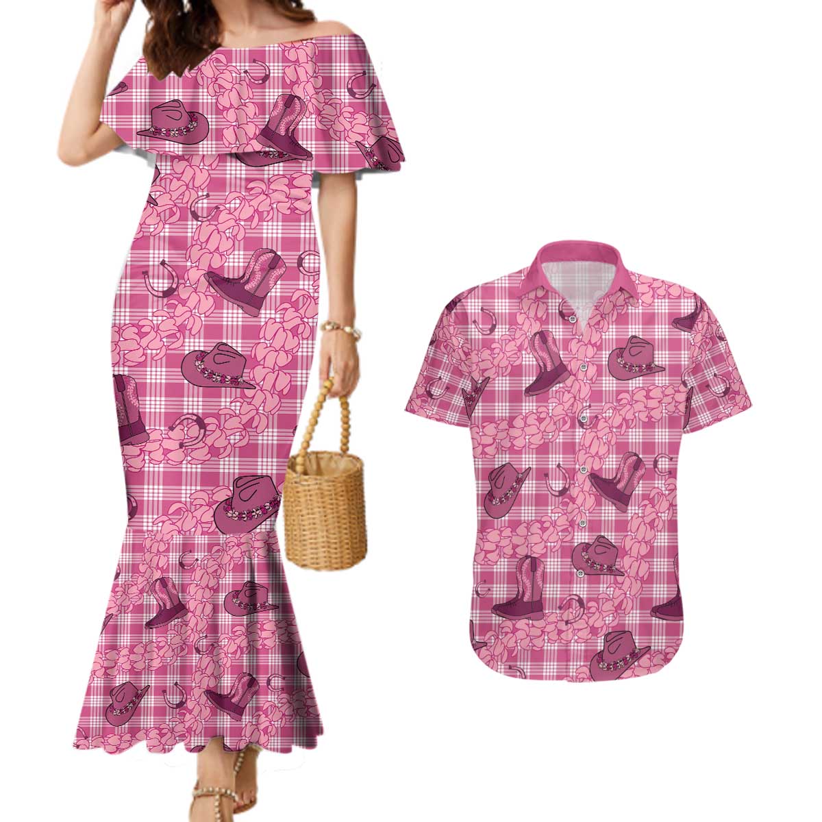 Pink Palaka Hawaii Cowboy Couples Matching Mermaid Dress and Hawaiian Shirt Puakenikeni Lei Paniolo Papale Seamless Vibes - Polynesian Pride