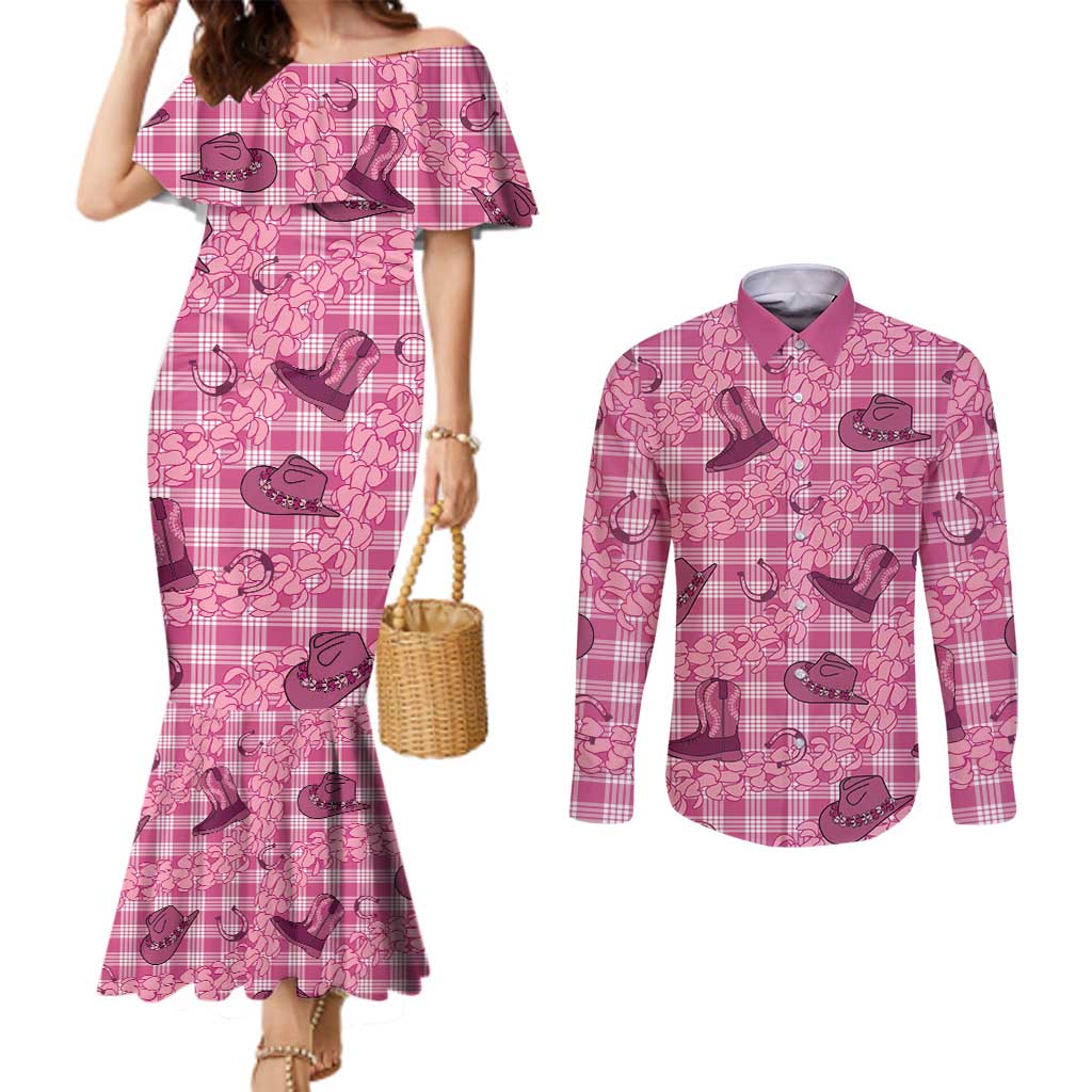 Pink Palaka Hawaii Cowboy Couples Matching Mermaid Dress and Long Sleeve Button Shirt Puakenikeni Lei Paniolo Papale Seamless Vibes - Polynesian Pride