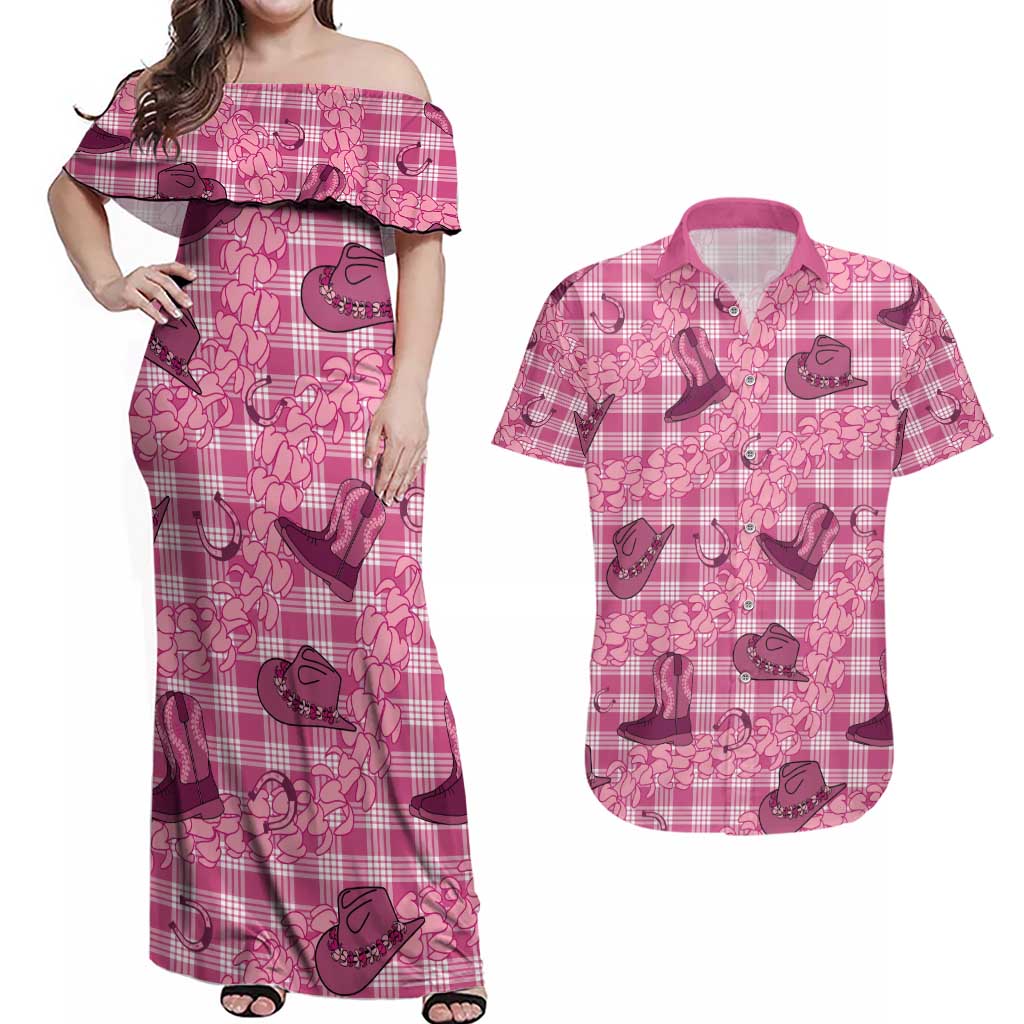 Pink Palaka Hawaii Cowboy Couples Matching Off Shoulder Maxi Dress and Hawaiian Shirt Puakenikeni Lei Paniolo Papale Seamless Vibes LT14 Pink - Polynesian Pride
