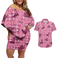 Pink Palaka Hawaii Cowboy Couples Matching Off Shoulder Short Dress and Hawaiian Shirt Puakenikeni Lei Paniolo Papale Seamless Vibes LT14 Pink - Polynesian Pride