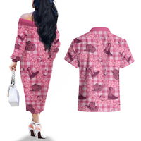 Pink Palaka Hawaii Cowboy Couples Matching Off The Shoulder Long Sleeve Dress and Hawaiian Shirt Puakenikeni Lei Paniolo Papale Seamless Vibes LT14 - Polynesian Pride