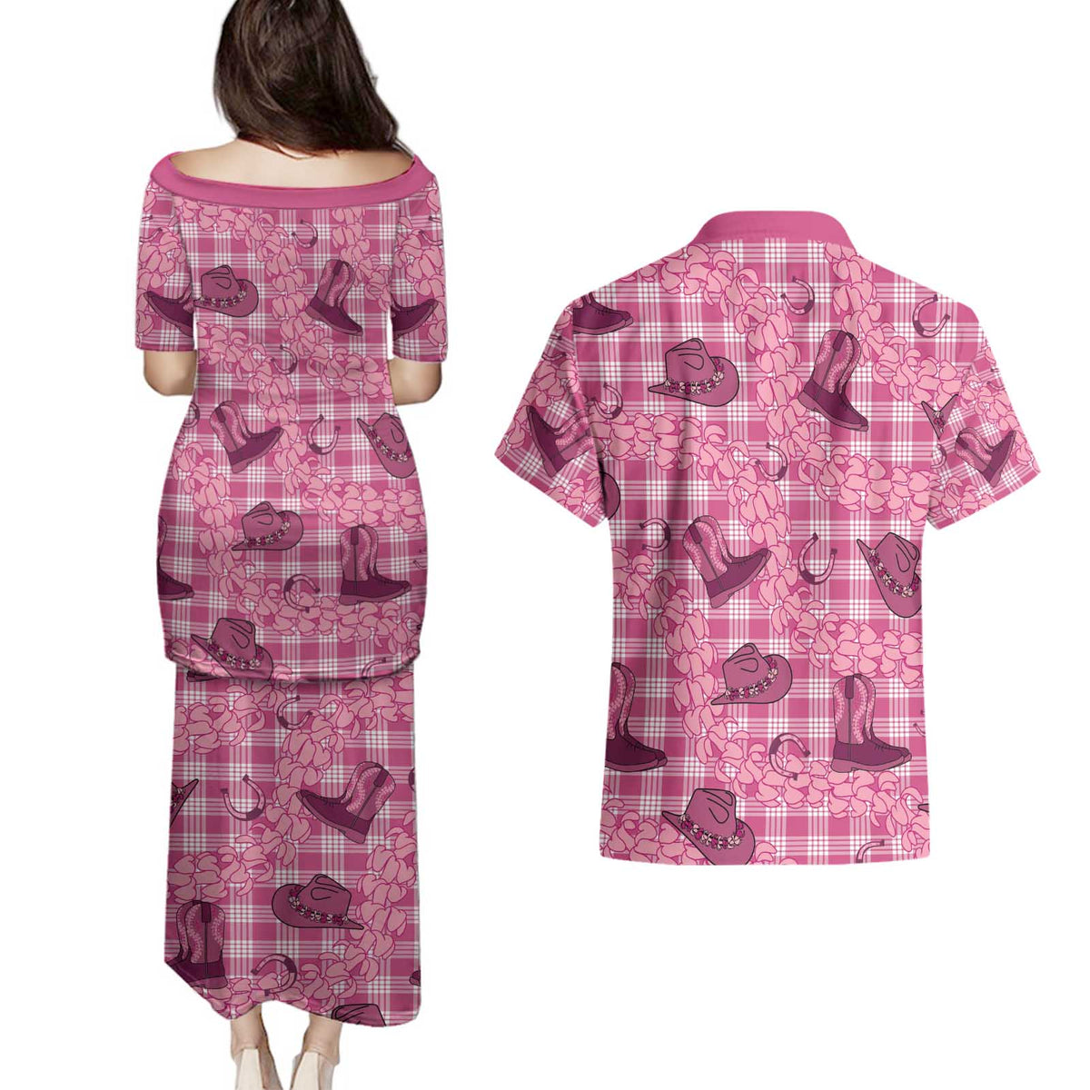 Pink Palaka Hawaii Cowboy Couples Matching Puletasi and Hawaiian Shirt Puakenikeni Lei Paniolo Papale Seamless Vibes LT14 - Polynesian Pride