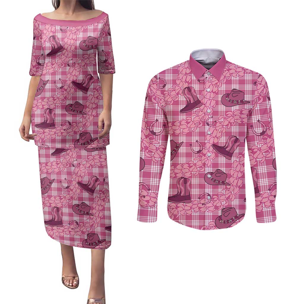 Pink Palaka Hawaii Cowboy Couples Matching Puletasi and Long Sleeve Button Shirt Puakenikeni Lei Paniolo Papale Seamless Vibes - Polynesian Pride