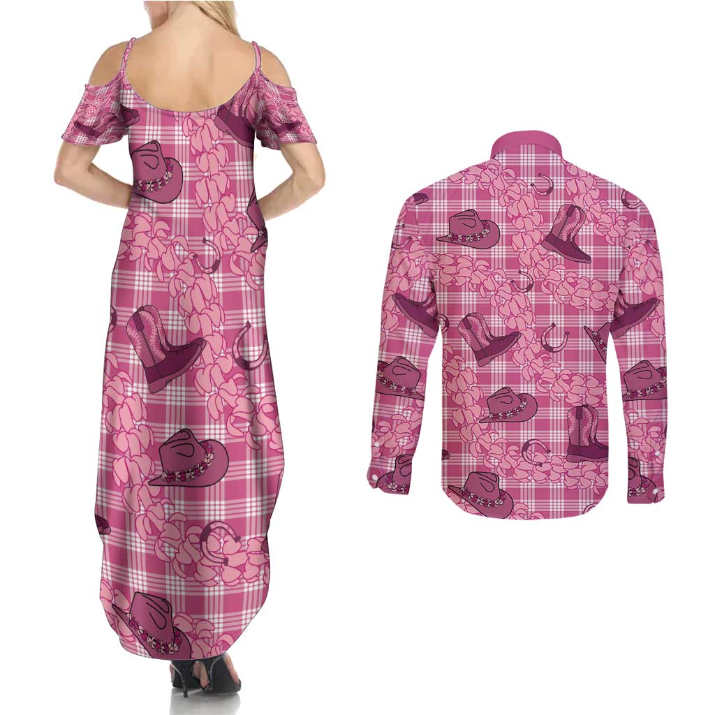 Pink Palaka Hawaii Cowboy Couples Matching Summer Maxi Dress and Long Sleeve Button Shirt Puakenikeni Lei Paniolo Papale Seamless Vibes LT14 - Polynesian Pride