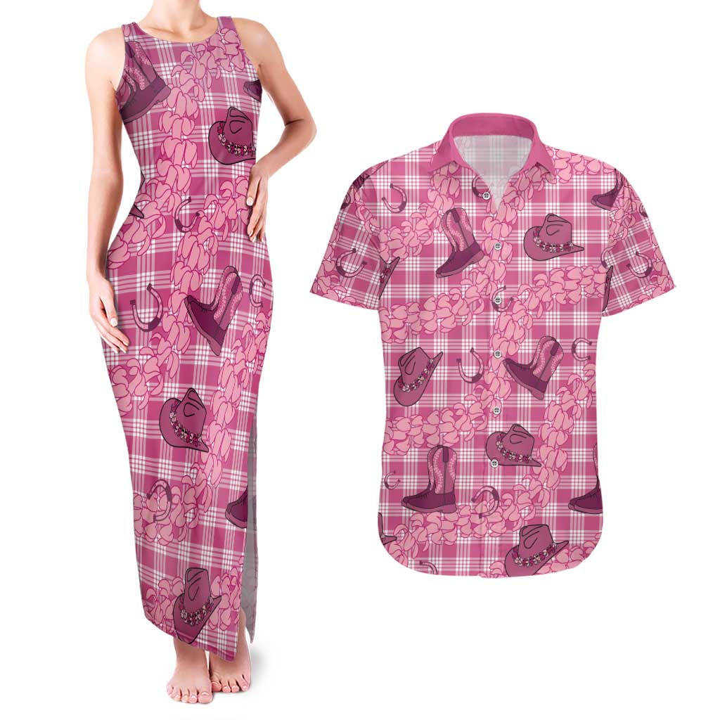 Pink Palaka Hawaii Cowboy Couples Matching Tank Maxi Dress and Hawaiian Shirt Puakenikeni Lei Paniolo Papale Seamless Vibes LT14 Pink - Polynesian Pride