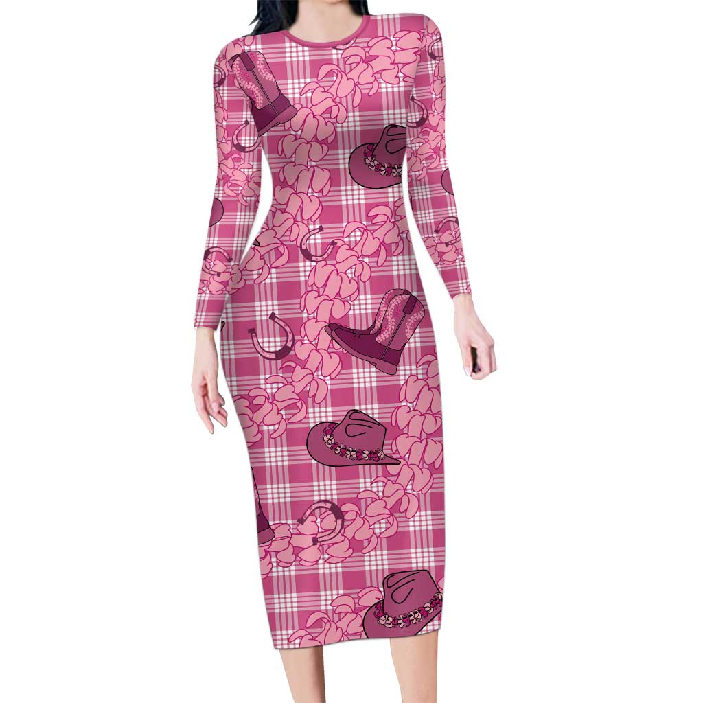 Pink Palaka Hawaii Cowboy Family Matching Long Sleeve Bodycon Dress and Hawaiian Shirt Puakenikeni Lei Paniolo Papale Seamless Vibes LT14 Mom's Dress Pink - Polynesian Pride
