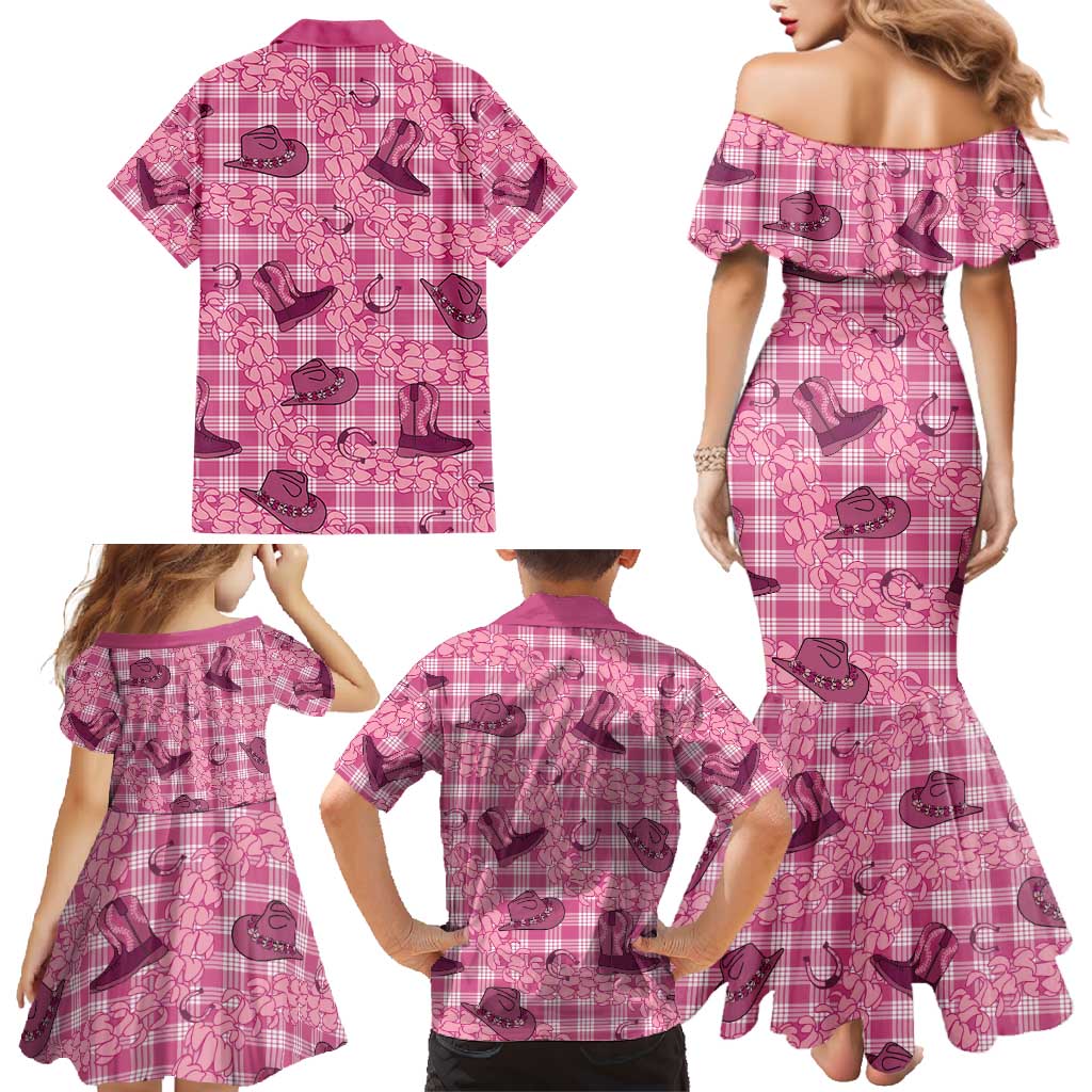 Pink Palaka Hawaii Cowboy Family Matching Mermaid Dress and Hawaiian Shirt Puakenikeni Lei Paniolo Papale Seamless Vibes LT14 - Polynesian Pride