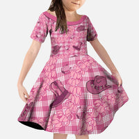 Pink Palaka Hawaii Cowboy Family Matching Off The Shoulder Long Sleeve Dress and Hawaiian Shirt Puakenikeni Lei Paniolo Papale Seamless Vibes LT14 Daughter's Dress Pink - Polynesian Pride