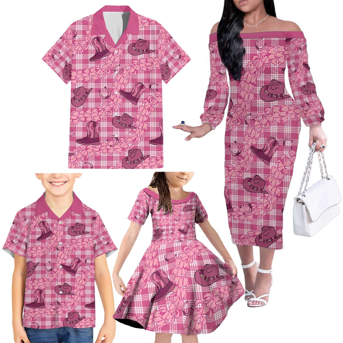 Pink Palaka Hawaii Cowboy Family Matching Off The Shoulder Long Sleeve Dress and Hawaiian Shirt Puakenikeni Lei Paniolo Papale Seamless Vibes LT14 - Polynesian Pride