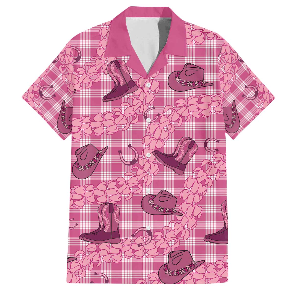 Pink Palaka Hawaii Cowboy Family Matching Off The Shoulder Long Sleeve Dress and Hawaiian Shirt Puakenikeni Lei Paniolo Papale Seamless Vibes LT14 Dad's Shirt - Short Sleeve Pink - Polynesian Pride