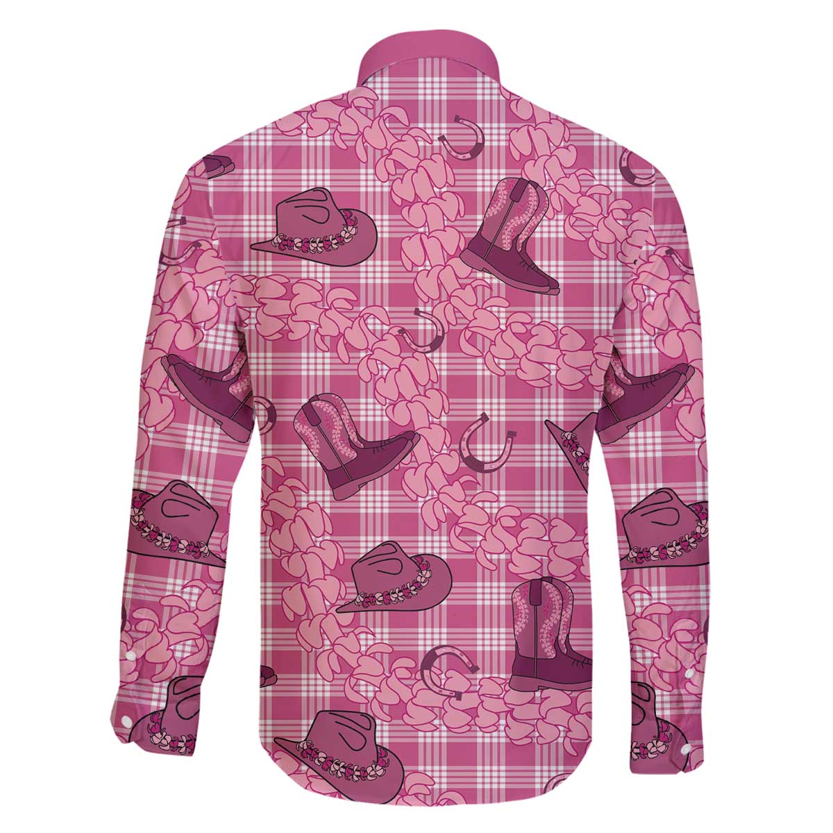 Pink Palaka Hawaii Cowboy Family Matching Off The Shoulder Long Sleeve Dress and Hawaiian Shirt Puakenikeni Lei Paniolo Papale Seamless Vibes LT14 - Polynesian Pride