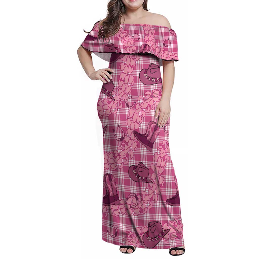 Pink Palaka Hawaii Cowboy Family Matching Off Shoulder Maxi Dress and Hawaiian Shirt Puakenikeni Lei Paniolo Papale Seamless Vibes LT14 Mom's Dress Pink - Polynesian Pride