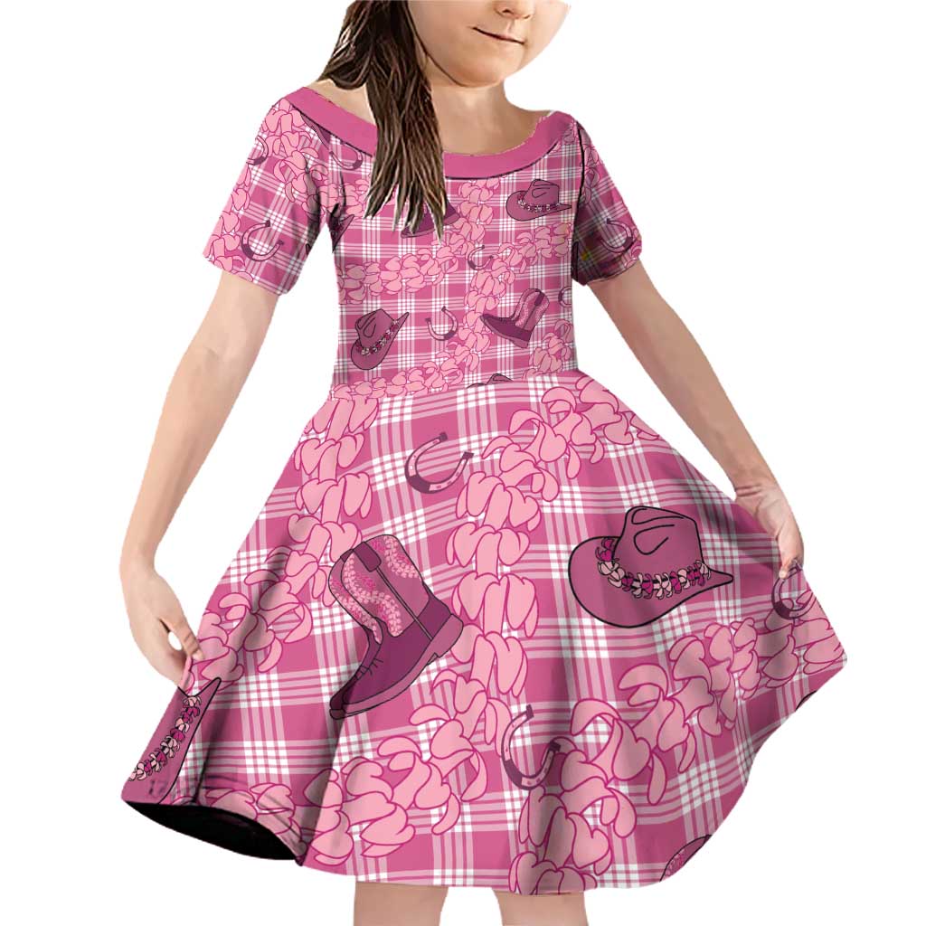 Pink Palaka Hawaii Cowboy Family Matching Off Shoulder Short Dress and Hawaiian Shirt Puakenikeni Lei Paniolo Papale Seamless Vibes LT14 Daughter's Dress Pink - Polynesian Pride