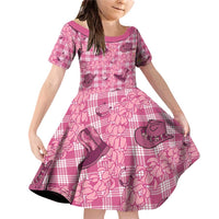 Pink Palaka Hawaii Cowboy Family Matching Off Shoulder Short Dress and Hawaiian Shirt Puakenikeni Lei Paniolo Papale Seamless Vibes LT14 Daughter's Dress Pink - Polynesian Pride