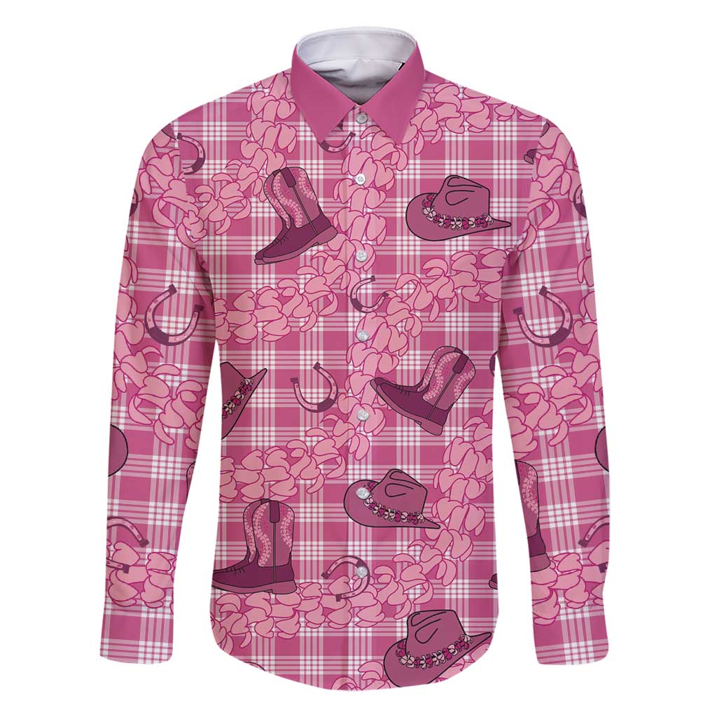 Pink Palaka Hawaii Cowboy Family Matching Summer Maxi Dress and Hawaiian Shirt Puakenikeni Lei Paniolo Papale Seamless Vibes LT14 Dad's Shirt - Long Sleeve Pink - Polynesian Pride