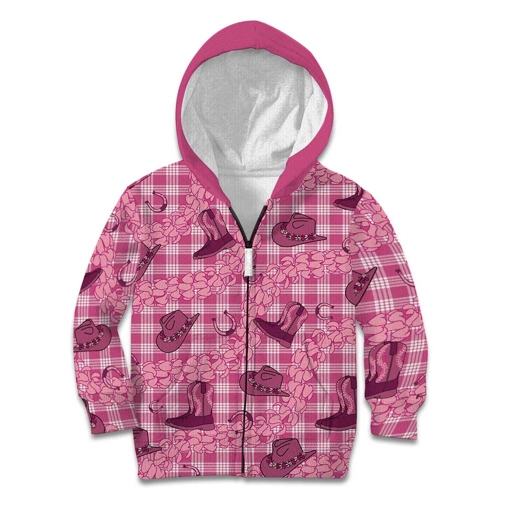 Pink Palaka Hawaii Cowboy Kid Hoodie Puakenikeni Lei Paniolo Papale Seamless Vibes LT14 Zip Hoodie Pink - Polynesian Pride