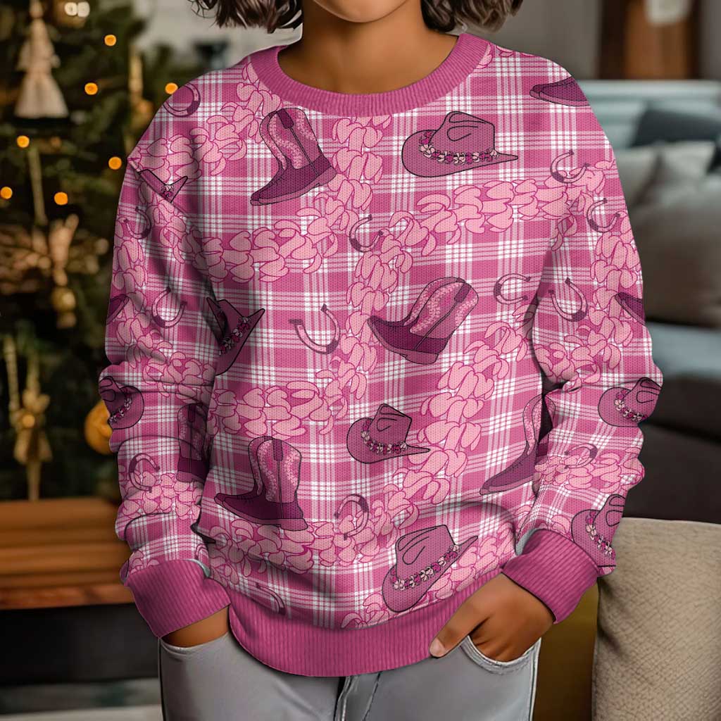Pink Palaka Hawaii Cowboy Kid Ugly Christmas Sweater Puakenikeni Lei Paniolo Papale Seamless Vibes LT14 - Polynesian Pride